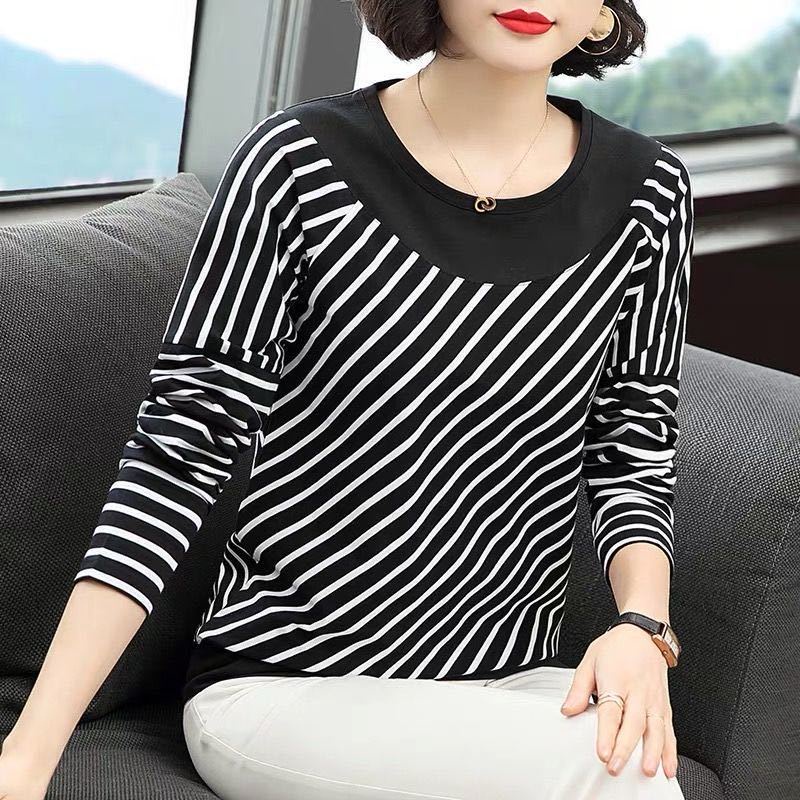 Áo Thun Tay Dài Dáng Rộng Plus Size Họa Tiết Kẻ Sọc Dành Cho Phụ Nữ Trung Niên