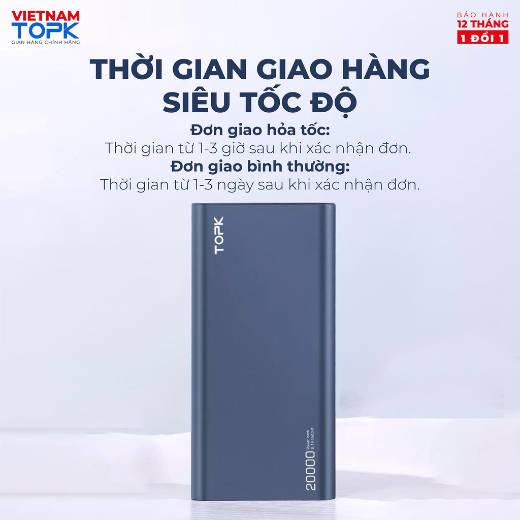 Sạc dự phòng 20000mAh TOPK I2006P Sạc nhanh PD QC 3.0 18W 3 đầu ra - Hàng phân phối chính hãng Bảo hành 12 tháng 1 đổi 1