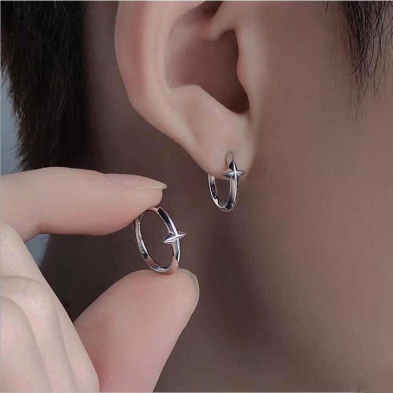 Khuyên tai bạc khuyên tròn trơn bấm kiểu cộng cá tính