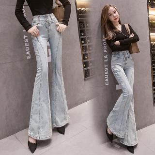Quần dài denim lưng cao ống loe kiểu cao bồi duyên dáng cho nữ