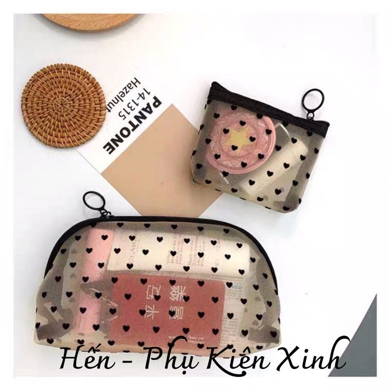 Túi lưới đựng mĩ phẩm cầm tay hình trái tim túi đựng bút học tập
