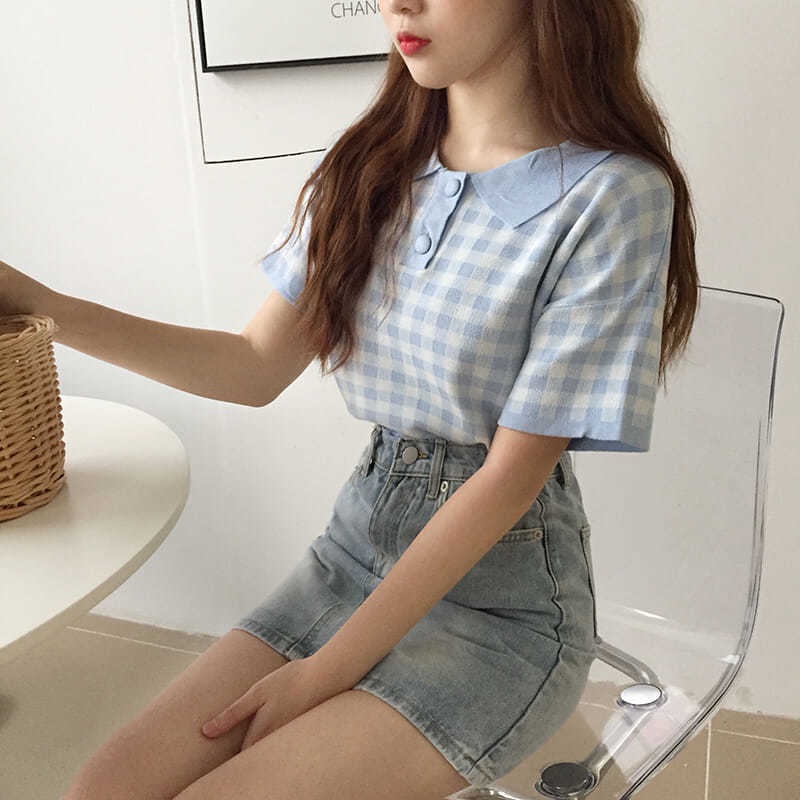 Áo polo COZOKC dệt kim tay ngắn dáng ôm kẻ sọc caro cá tính