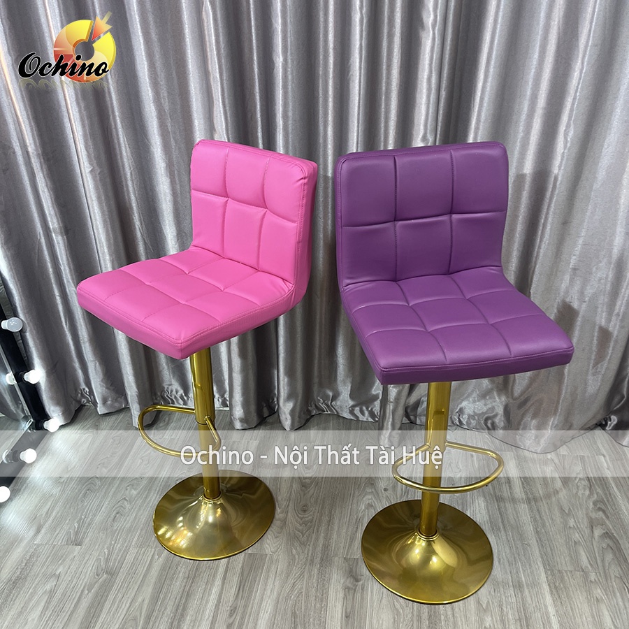 Ghế Quầy Lễ Tân, Ghế Quầy Bar Mẫu Tựa Chữ Nhật Chân Vàng K1 Điều Chỉnh Độ Cao 60/80 Và Xoay 360 Độ Phong Cách Hiệ