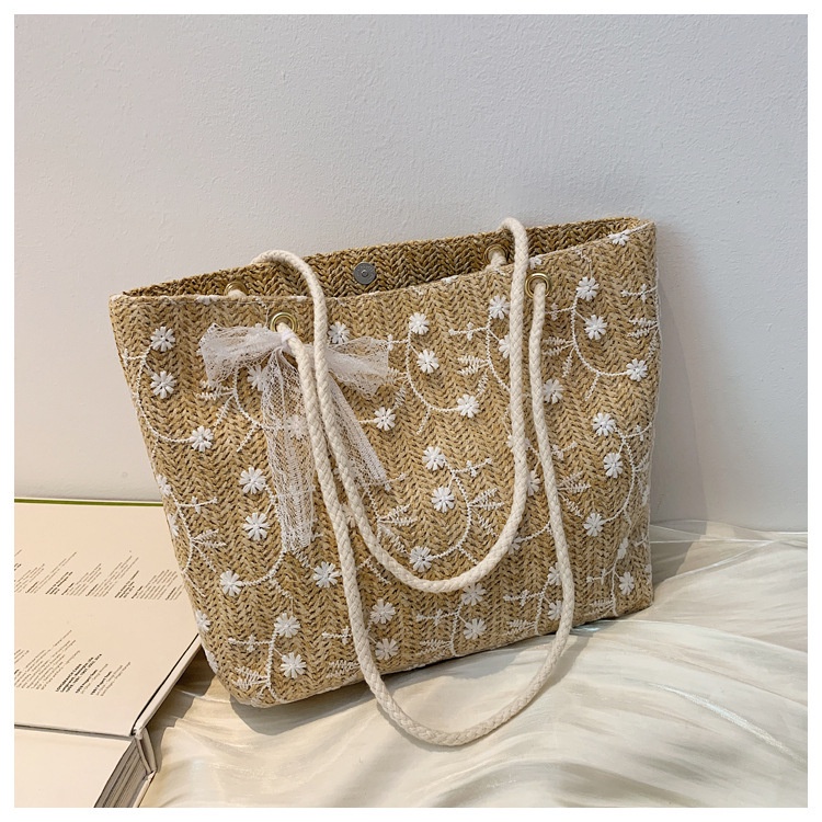 Túi Tote Đeo Vai Đan Cói Cỡ Lớn Phối Ren Thiết Kế Dễ Thương