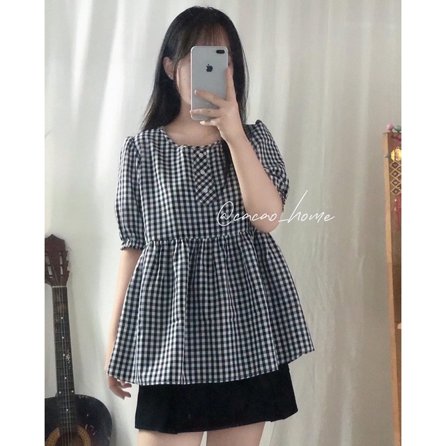 Áo babydoll caro 9 màu tay phồng vải katê thoáng mát tặng kèm scrunchie cùng màu