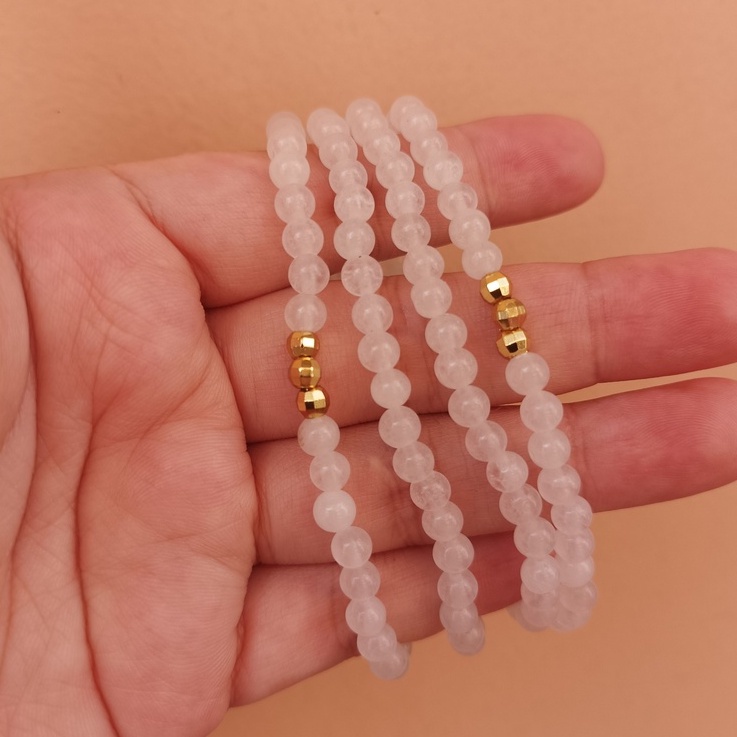 Vòng tay chuỗi đá TA Trắng 4ly mix bi mạ vàng 14k quấn 3 - Clear Quartz 4mm bracelet
