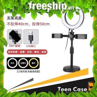 Đèn livestream để bàn Hỗ Trợ Chụp Ảnh Make Up Trang Điểm 3 Chế Độ Sáng-2 kẹp điện thoại 1 đèn kèm điều khiển remote