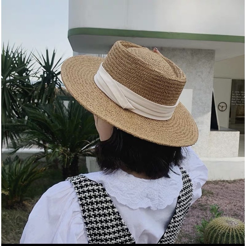 Mũ cói đi biển lõm đỉnh vành rộng 3 màu đai cao cấp - Nón cói 3 màu đỉnh lõm loại 1