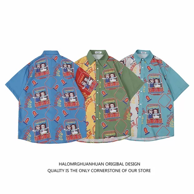 NRVP Áo sơ mi tay ngắn dáng rộng in hình độc đáo phong cách retro thời trang mùa hè 2021 cho bạn gái