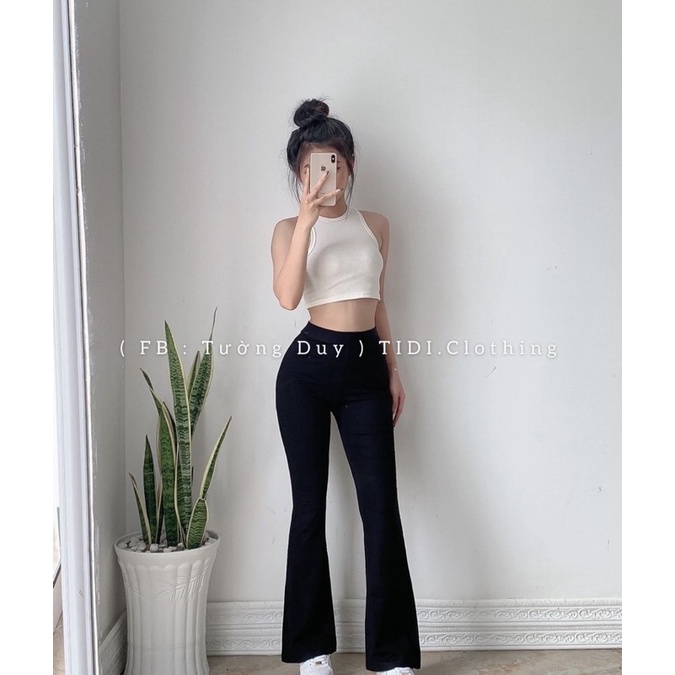 SET ÁO BA LỖ CROPTOP TRẮNG + QUẦN ĐEN ỐNG LOE NHẸ
