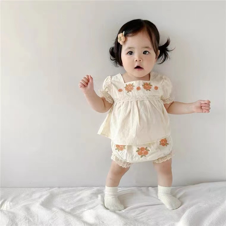 Set Đồ Mùa Hè 2 Món Gồm Áo Tay Cộc Thêu Hoa + Quần Ngắn Cho Bé Gái 2023