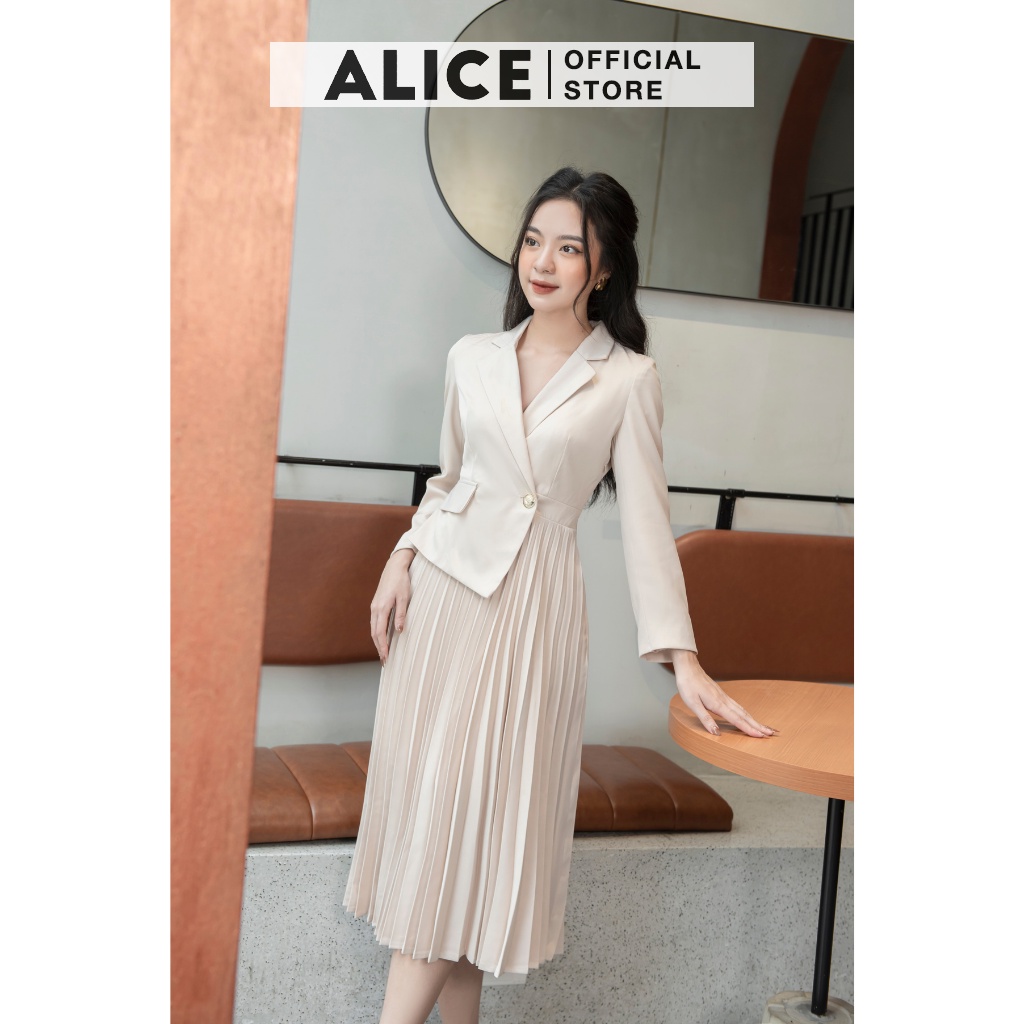 Váy Công Sở Xếp Ly Cổ Vest ALICE Thiết Kế Tôn Dáng Xếp Ly Sang Xịn Mịn V713