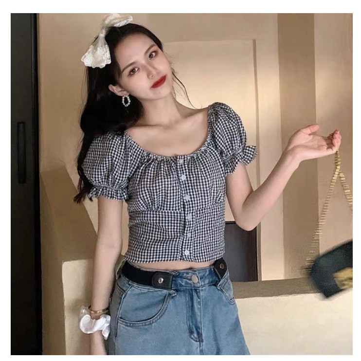 Áo croptop ulzzang chun lưng cka810, kiểu áo tay ngắn trễ vai nhiều màu, cute dễ phối đồ