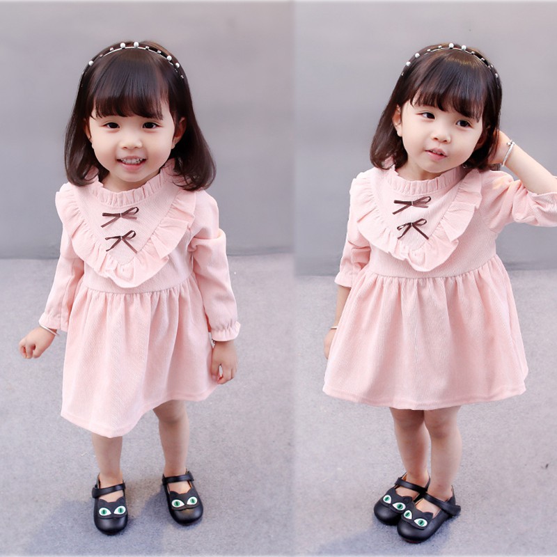 Đầm dài tay cổ chữ V thiết kế phối màu trơn và dây đan chéo cho bé