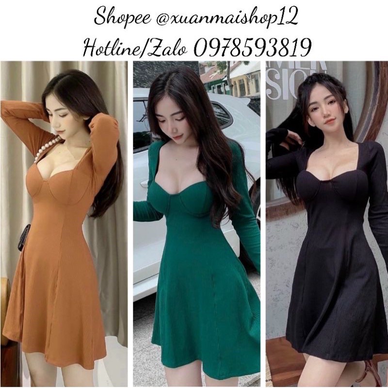 Đầm ngắn xòe chữ A tay dài hở cổ cúp ngực ba màu siêu xinh