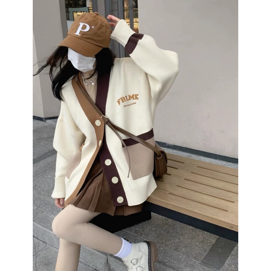 Áo khoác len cardigan thêu chữ dáng rộng phong cách Hàn quốc KL16