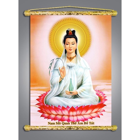 Tranh Liễn Phật Giáo - Quan Thế Âm Bồ Tát ,vải canvas nẹp sáo gỗ, Nhiều Mẫu Lựa chọn- nhiều kích thướt