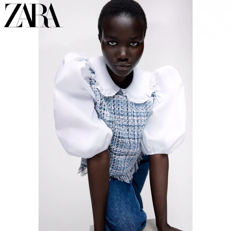Áo sơ mi nữ Zara tay phồng new best seller 2021 cổ sen croptop
