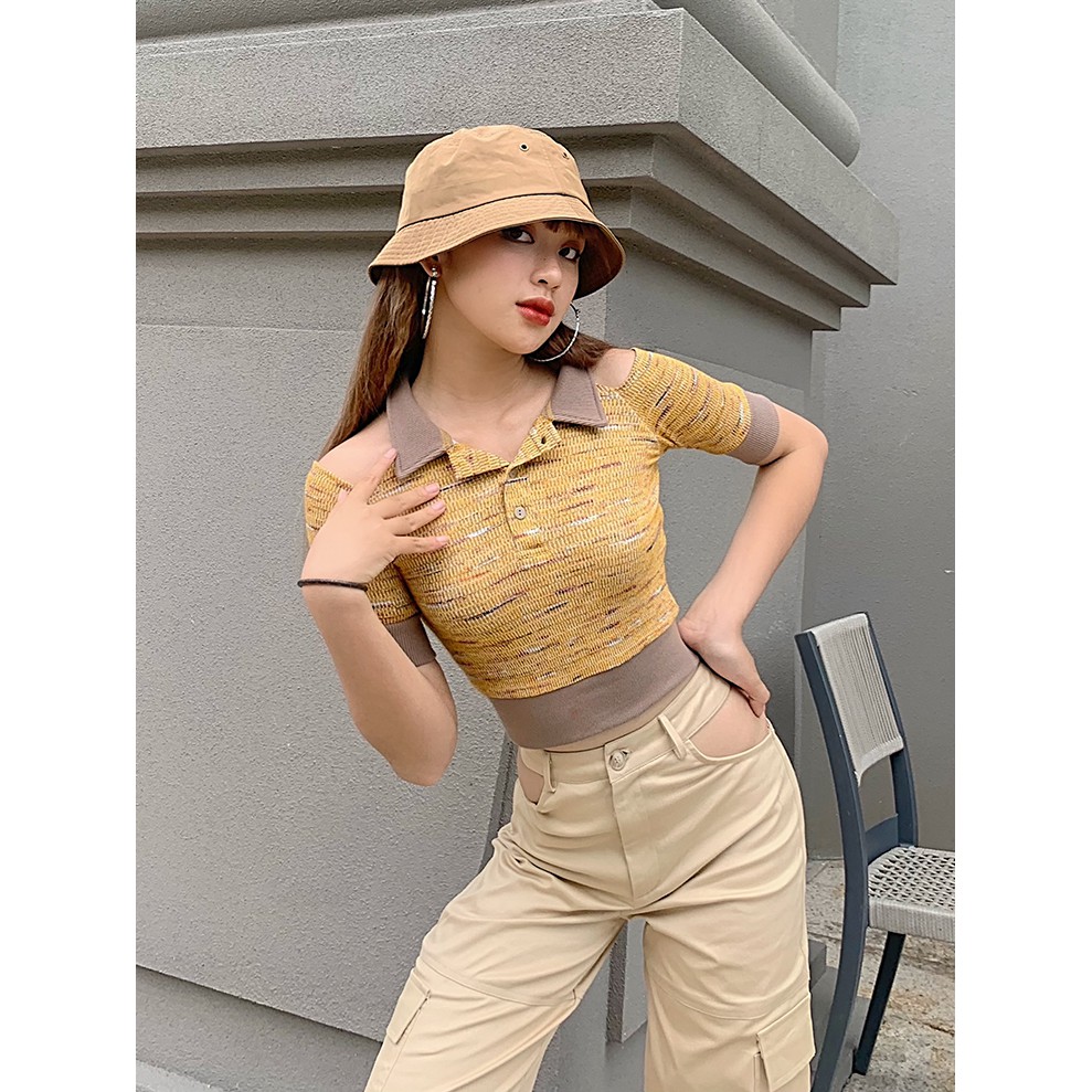 Áo polo croptop hở vai độc đáo be nữ BLMDE | BigBuy360 - bigbuy360.vn