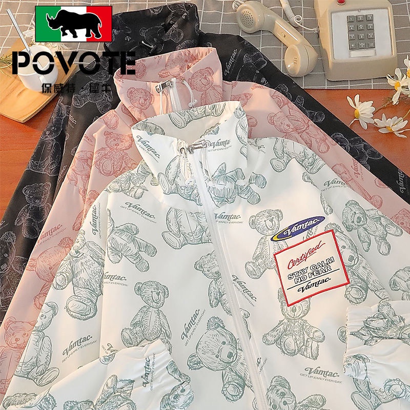 Áo Khoác Chống Nắng Dáng Rộng Cổ Đứng In Họa Tiết Gấu Kiểu vintage Thời Trang Mùa Hè Cho Nam