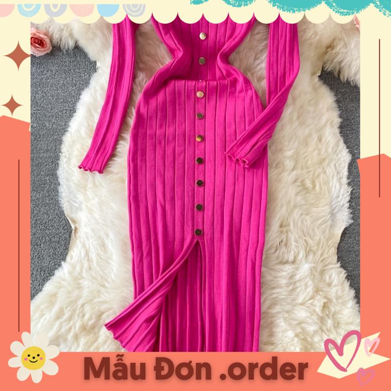(Mẫu Đơn.order) Đầm tay dài cổ chữ V dáng ôm chất dệt kim 9 màu có đính nút một dãy ở giữa