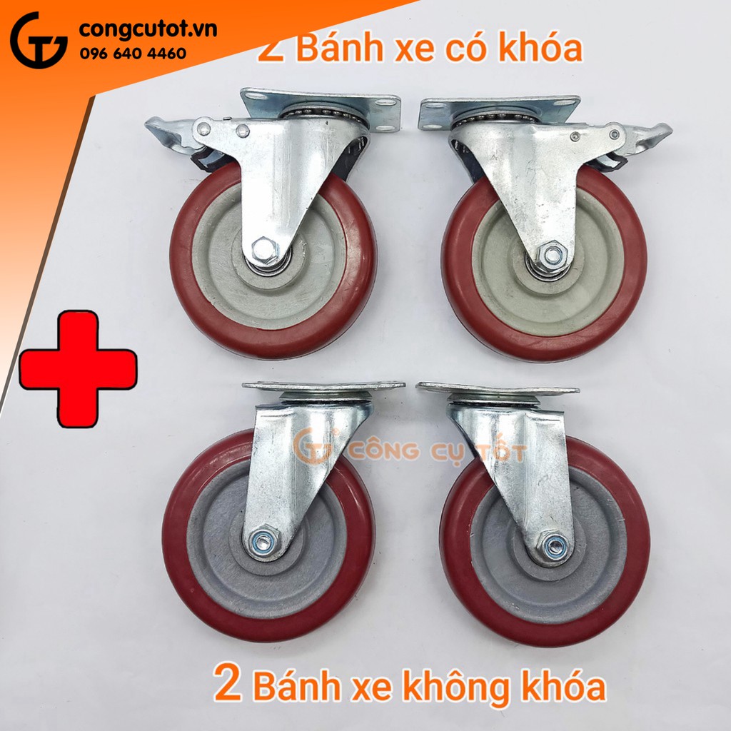 Bộ 4 bánh xe đẩy hàng tổng tải 260kg xoay 360 độ lốp nhựa đỏ mận hãm sau Φ120mm