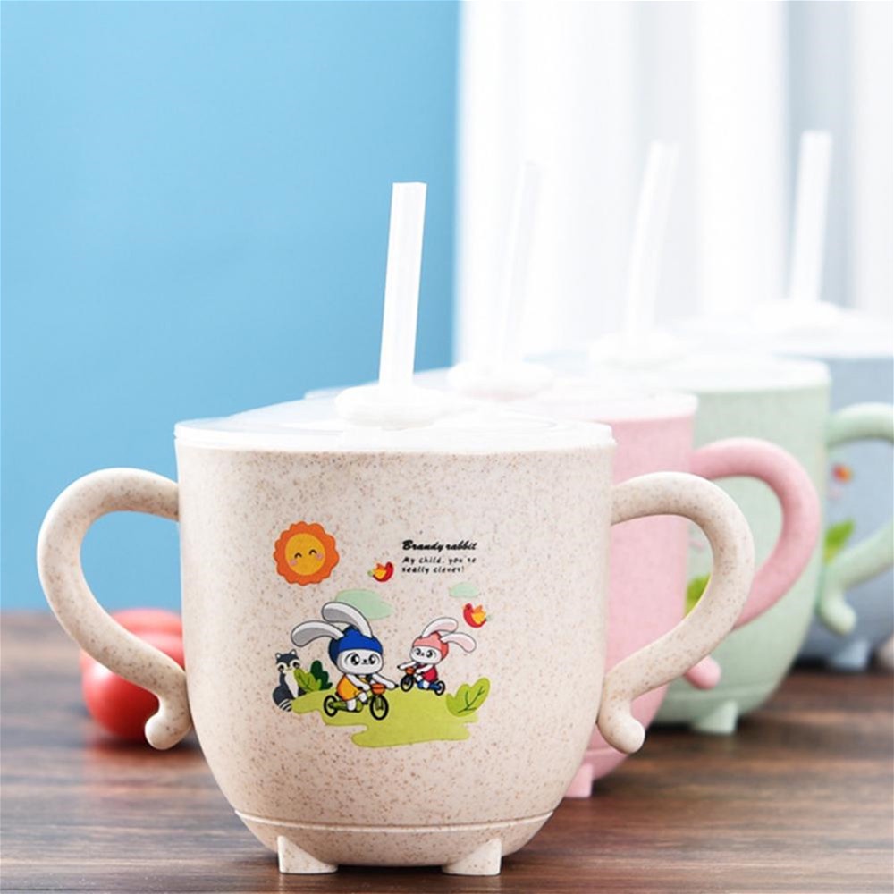 Bình Uống Nước Bằng Lúa Mạch 270ml Họa Tiết Hoạt Hình Dễ Thương Chống Rơi Kèm Nắp Cho Bé