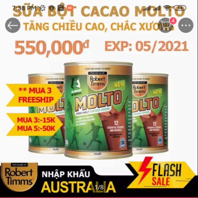 Sữa bột molto cacao giảm sốc