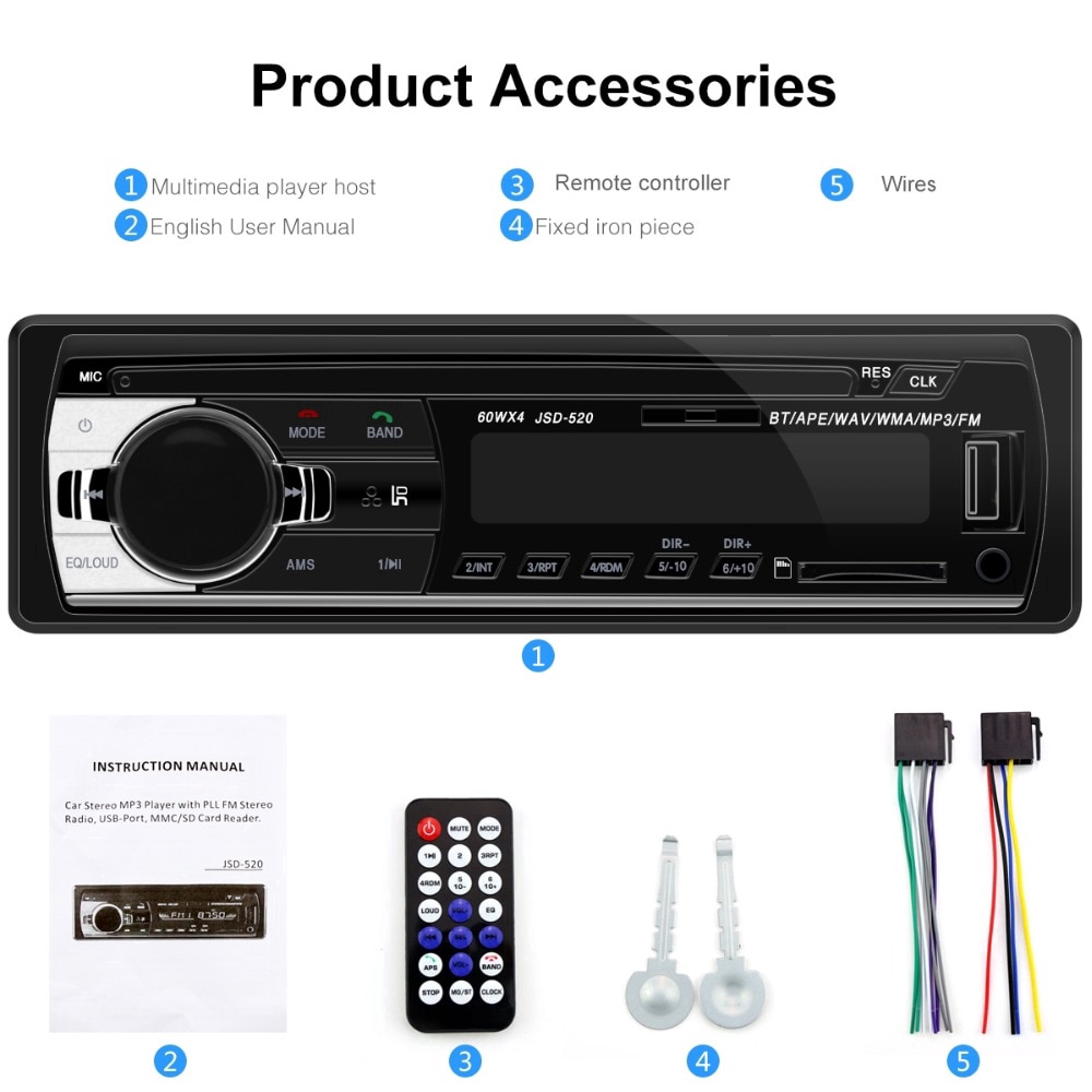 Máy phát MP3/ FM/ USB/ SD/ AUX-IN bluetooth JSD520 24V âm thanh nổi dành cho xe hơi