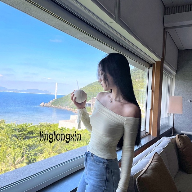 ♀Gd✭Áo Kiểu Lưới Trễ Vai Màu Trơn Tay Loe Thời Trang Đường Phố Cho Nữ Y2K