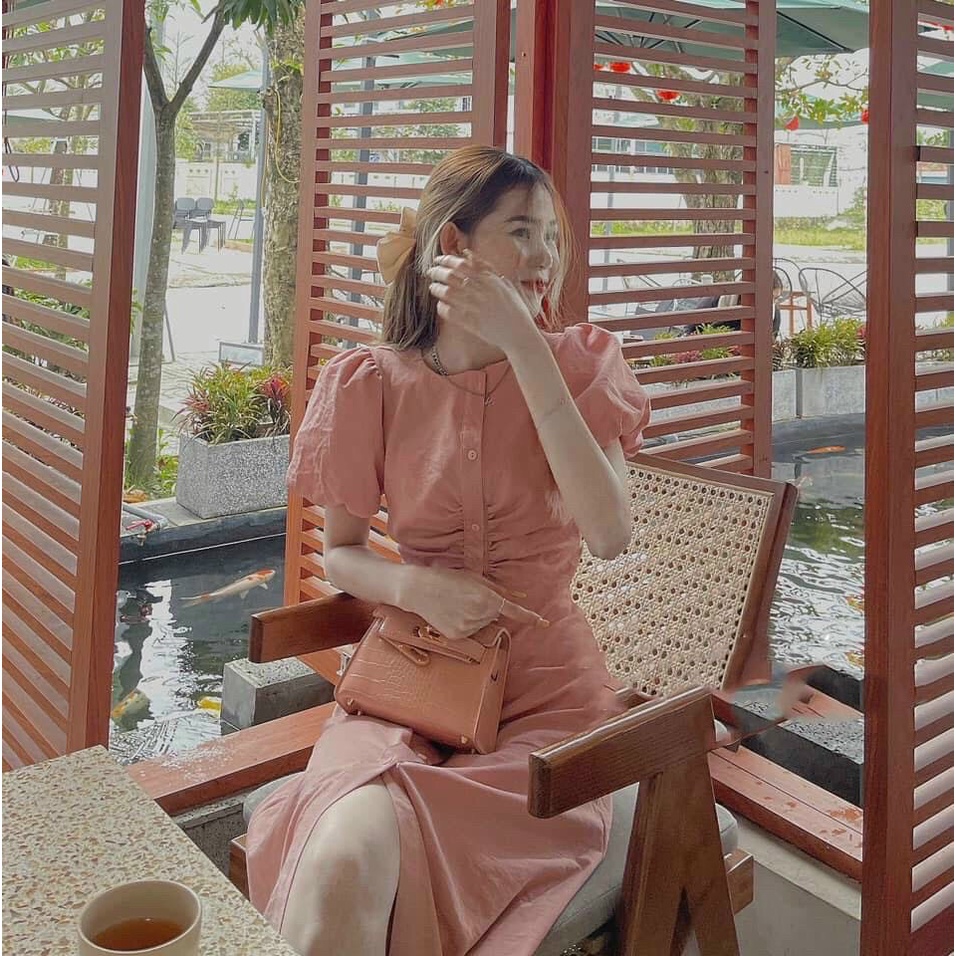 Đầm kate cổ tròn tay phồng, đầm nữ kate có cúc kiểu dáng độc đáo