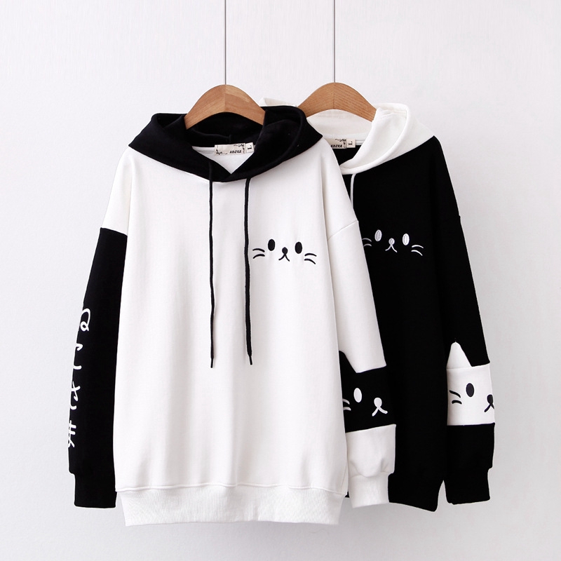 ✨Áo Hoodie cotton mềm mại tay dài thêu hình mèo kiểu Nhật Bản dễ thương