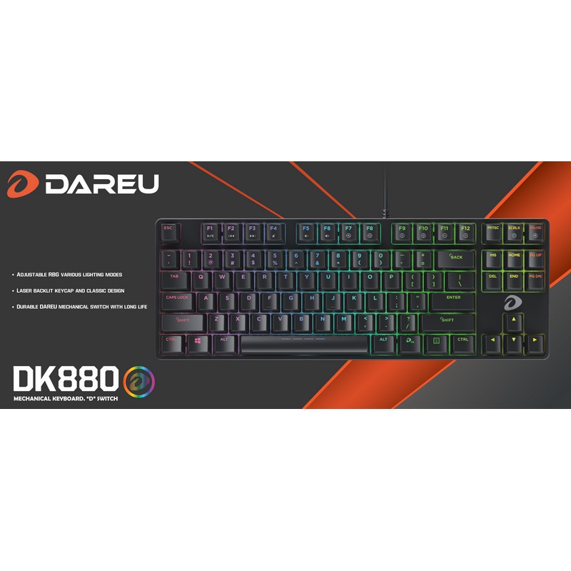 Bàn phím cơ Gaming DAREU DK880 87KEY (RGB, Blue/ Brown/ Red D switch)-Bản mới EK880