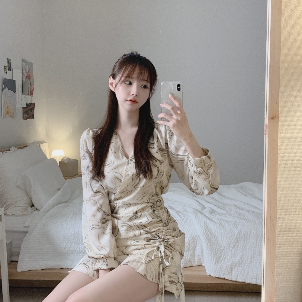 Đầm SUXI tay dài cổ chữ V thời trang Hàn Quốc