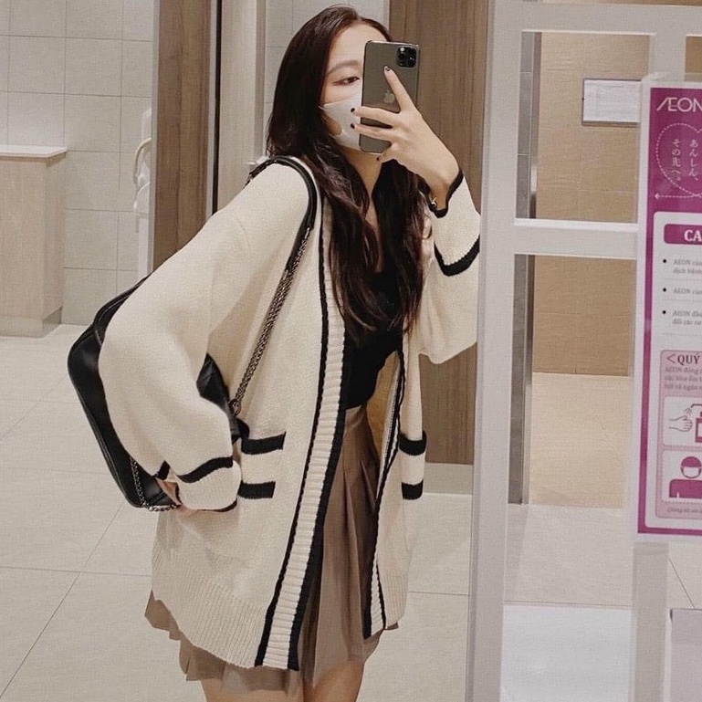 Khoác cadigan hàn phối chất len dày dặn hai màu xinh dễ phối vanmiushop