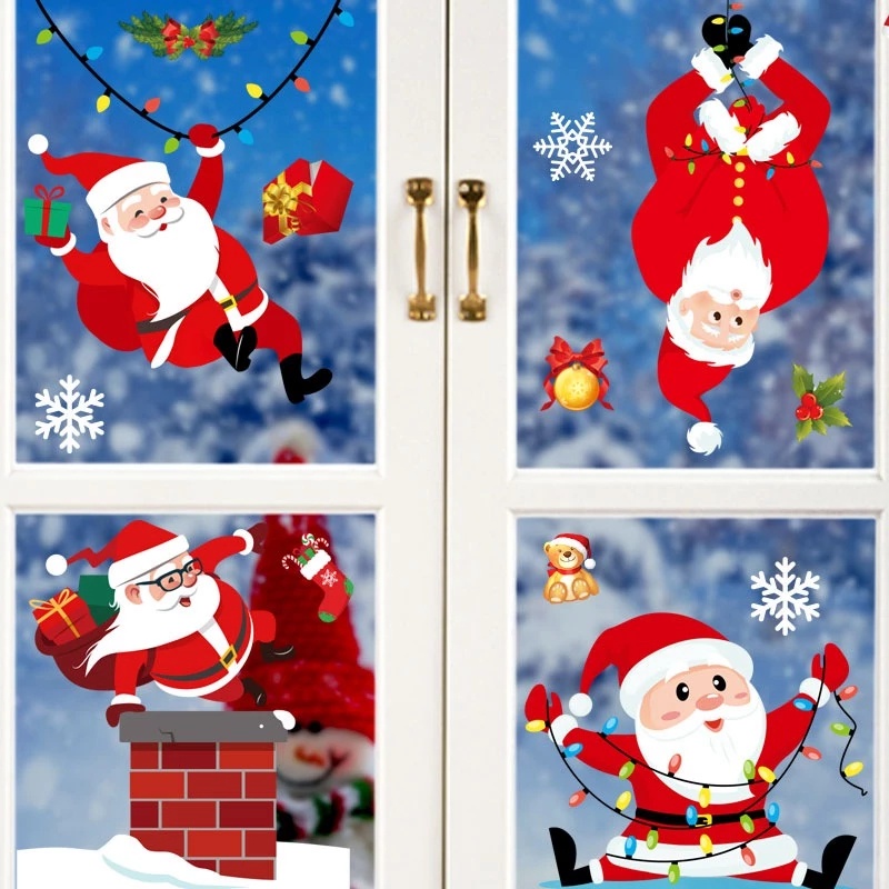 Creative Santa Elk Scenes Windows Stickers/ Cartoon Snowman Christmas Wall Stickers/ Home Christmas Glass Mural Decals Decorations