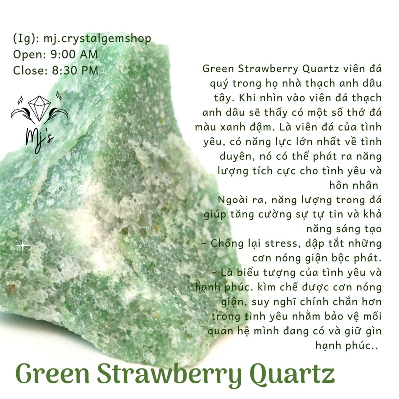 Đá thô Green Strawberry Quartz màu xanh sưu tầm, handmade, reiki, thanh tẩy thiền định