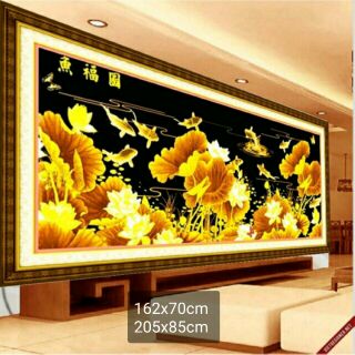 Tranh thêu cửu ngư quần hội cá chép sen vàng 162x70cm và 2mx85cm
