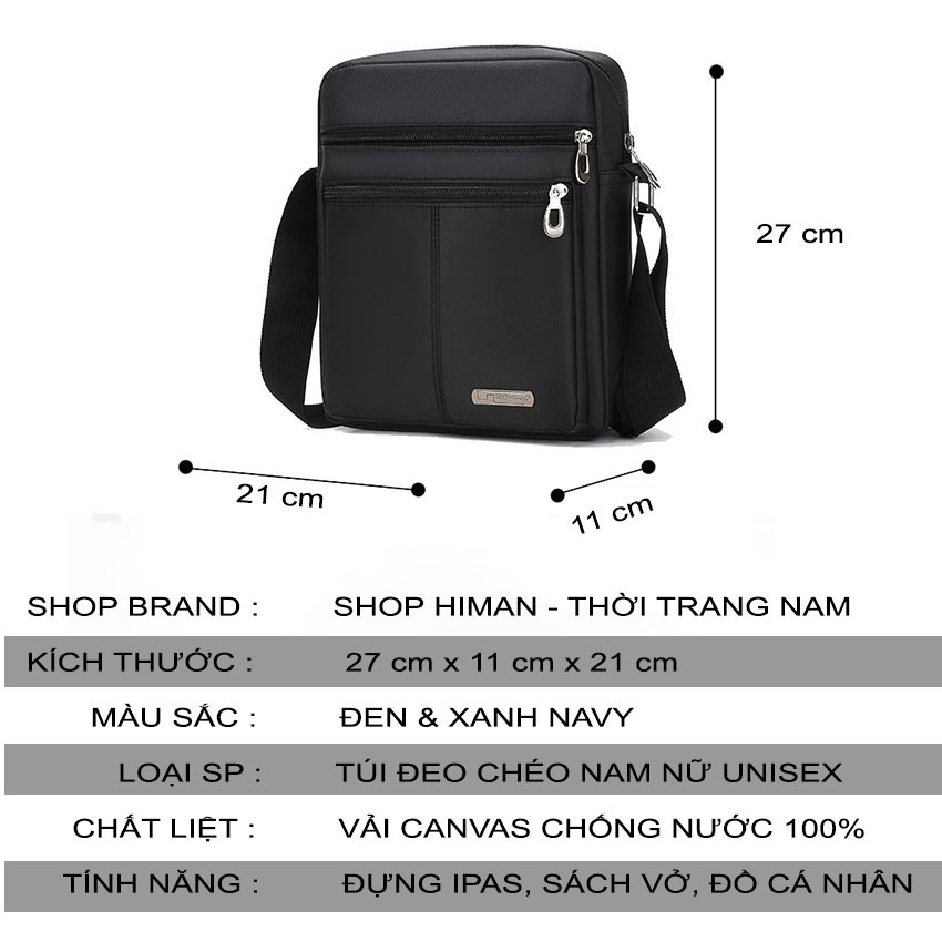 Túi đeo chéo nam nữ unisex 2022 vải canvas 3 lớp cao cấp chống nước 5 ngăn thời trang đường phố Hàn Quốc [HIMAN TN-030]