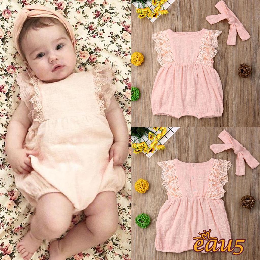 Set áo liền quần + Băng đô nơ dễ thương cho bé gái sơ sinh