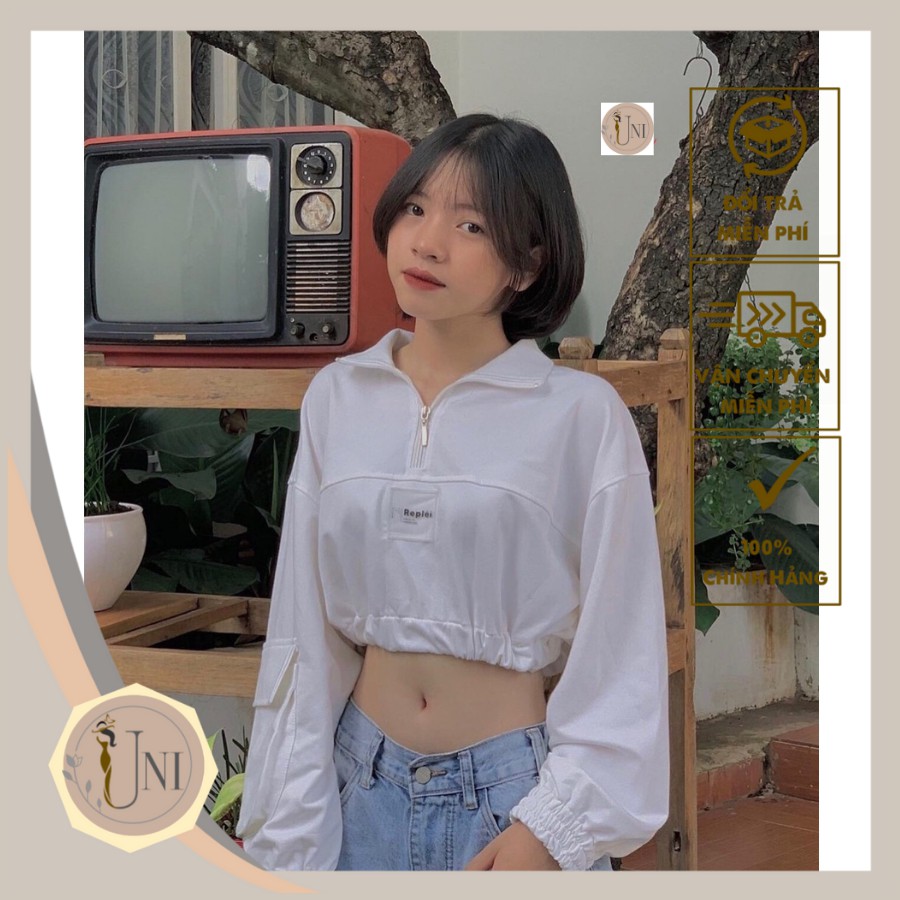 Áo Croptop Dài Tay Khóa Cổ Logo Replie Mã 562 UNI STORE
