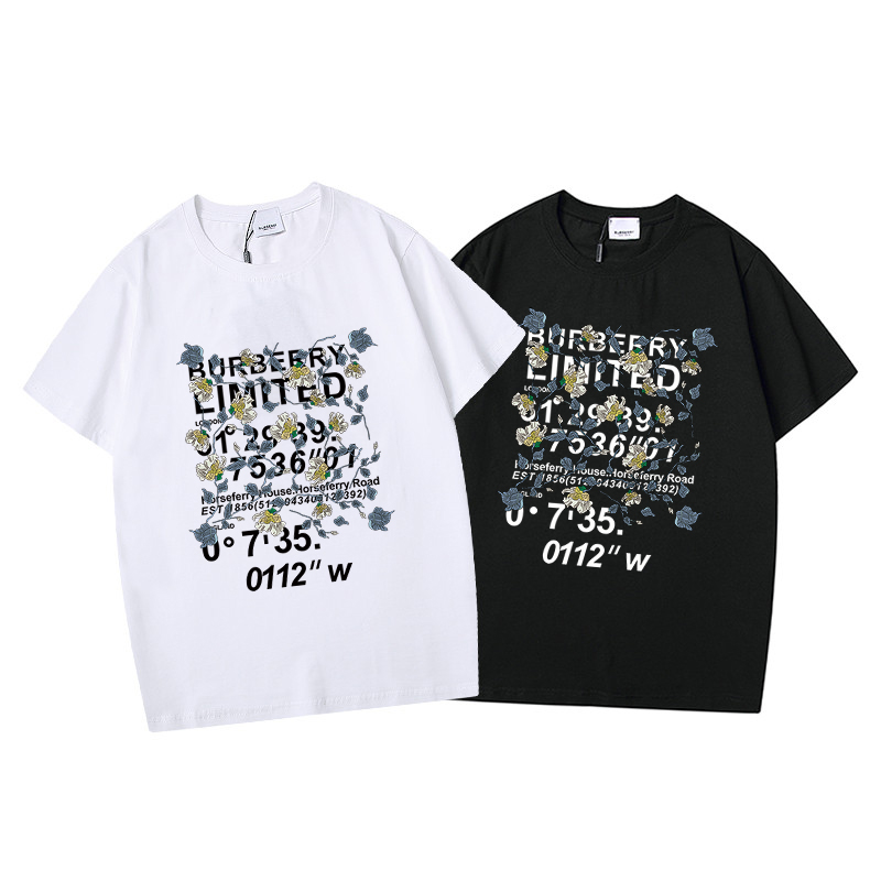 B&urberr new floral English printed LOGO round neck men and women couples cotton short sleeves