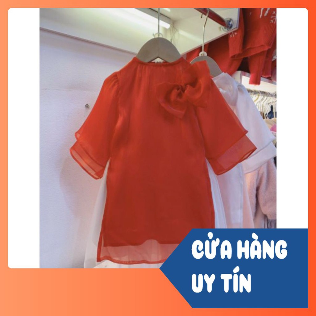 ÁO DÀI TAY TƠ ĐÍNH HOA ĐỎ/HỒNG BÉ GÁI