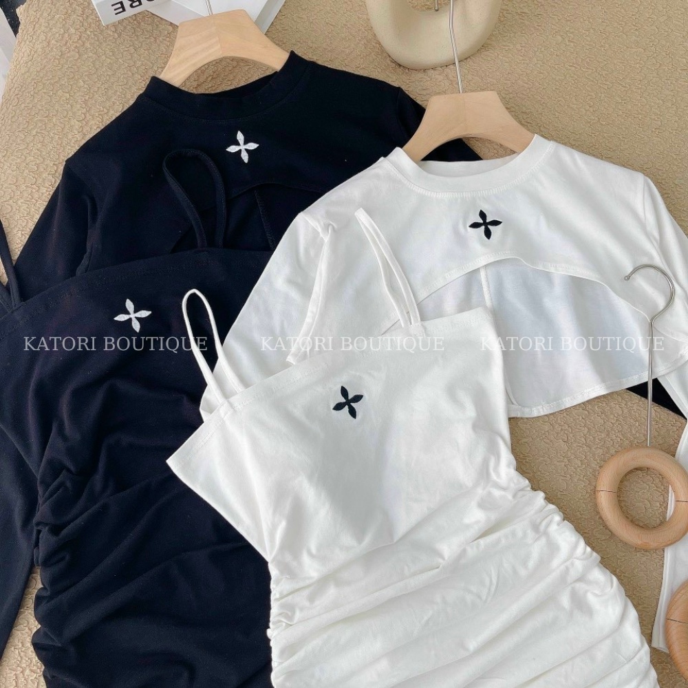 SET Đầm Nhún Thêu Đen - Trắng