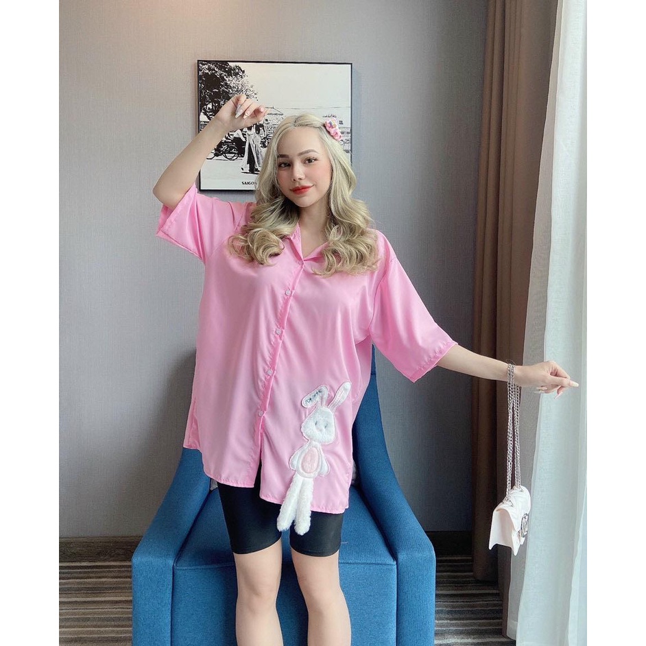 Áo sơ mi Nữ tay lỡ ngắn tay thỏ bông nhỏ xinh xắn kute, vải lụa mềm mại, có 3 màu | BigBuy360 - bigbuy360.vn