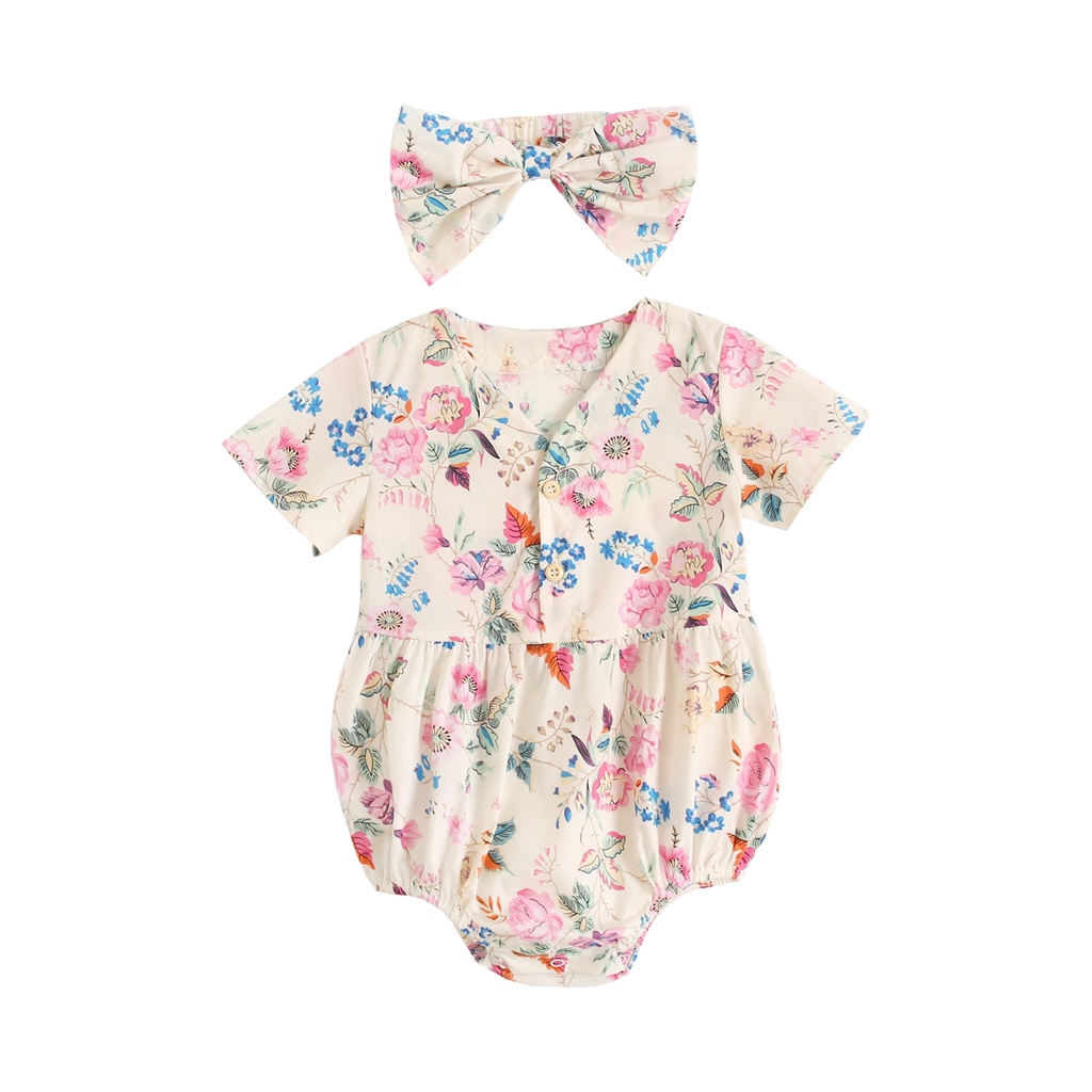 Sanlutoz Bộ Áo Liền Quần Tay Ngắn In Hoa Dễ Thương Kèm Băng Đô Cài Tóc Thời Trang Mùa