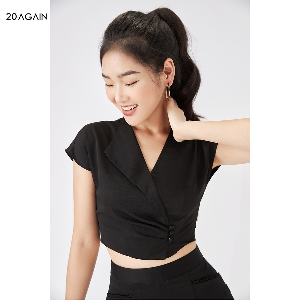 Áo sơ mi nữ vạt lệch 20AGAIN, sơ mi dáng ngắn đính khuy cá tính ASA1618