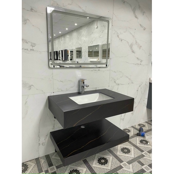 Combo bàn đá đôi TRÀN VIỀN + gương Led cảm ứng 50x80