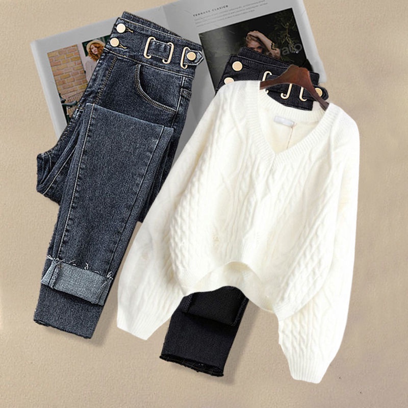 Plus Bộ Áo Sweater Dệt Kim Dáng Rộng Phối Quần Jean Ngắn Thời Trang Thu Đông 2022 Cho Nữ