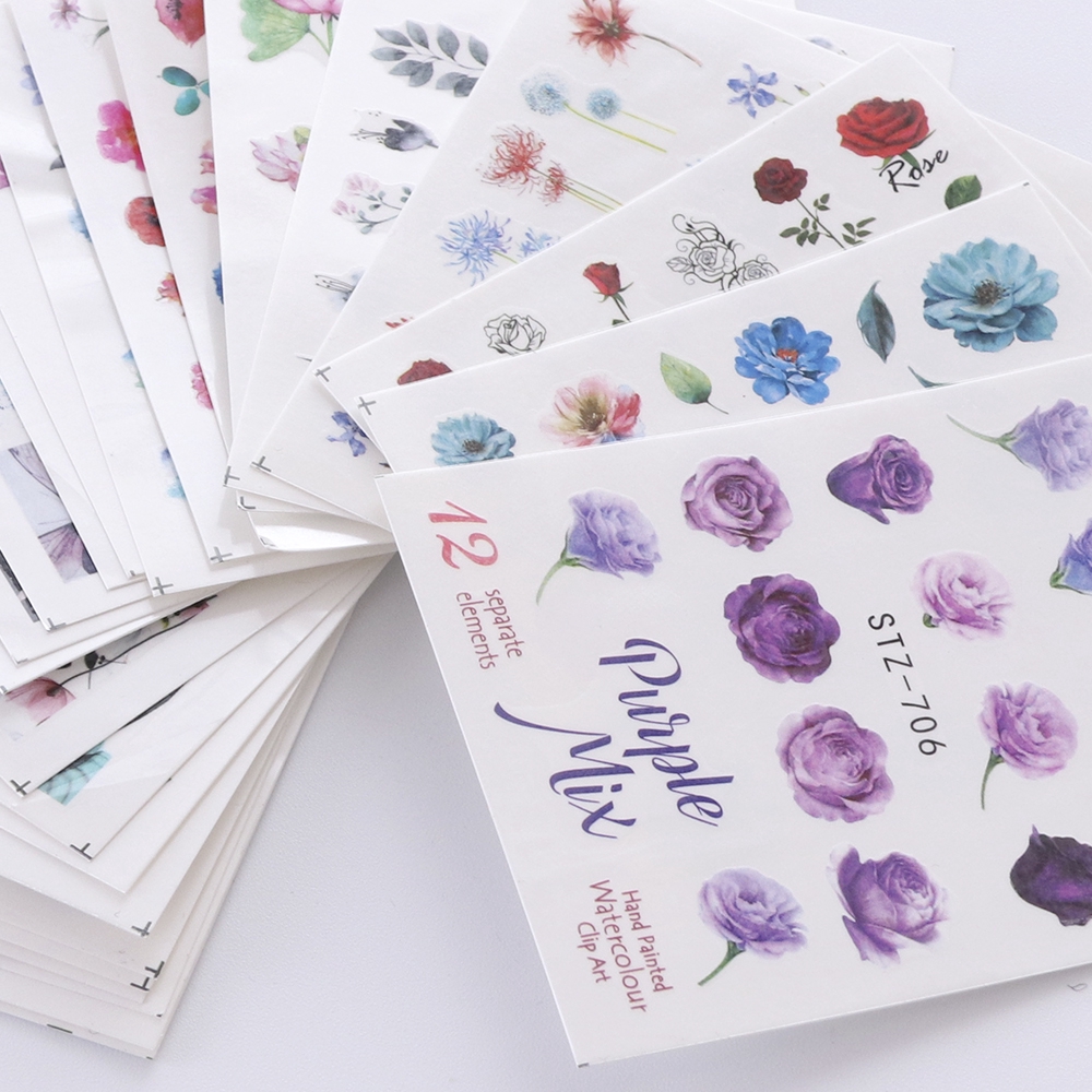 Bộ 24 sticker dán móng tay nghệ thuật hình hoa dấu nước nhiều màu sắc